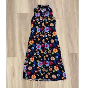 Vintage 90's Black Tropical Floral Sleeveless Maxi Dress CottageCore Size Medium